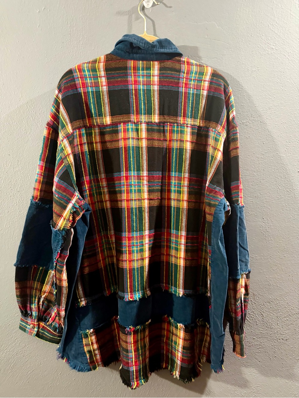 easel Multicolor Plaid Button-Down Shacket with Blue Corduroy Trim - Picture 6 of 10